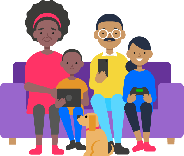 Família reunida no sofá usando tablet, celular e videogame